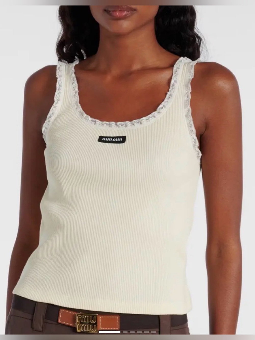 Miu Miu Cream Ribbed Lace-Trim Tank